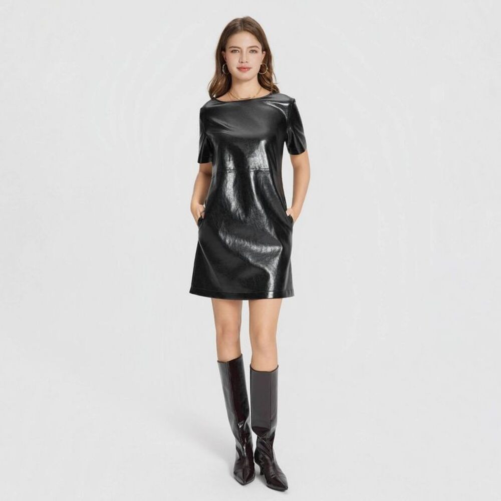 A New Day - Women's Short Sleeve Faux Leather Mini Shift Dress Black